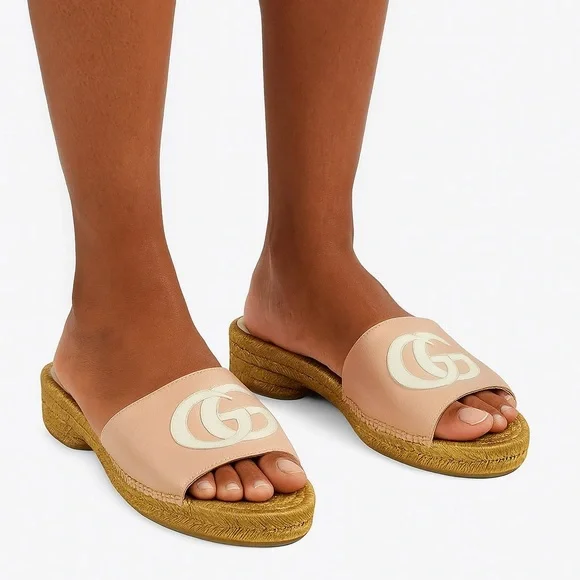 GUCCI Pink GG Logo Woven Open Toe Slide Sandals Size EU38.5 - Picture 5 of 15